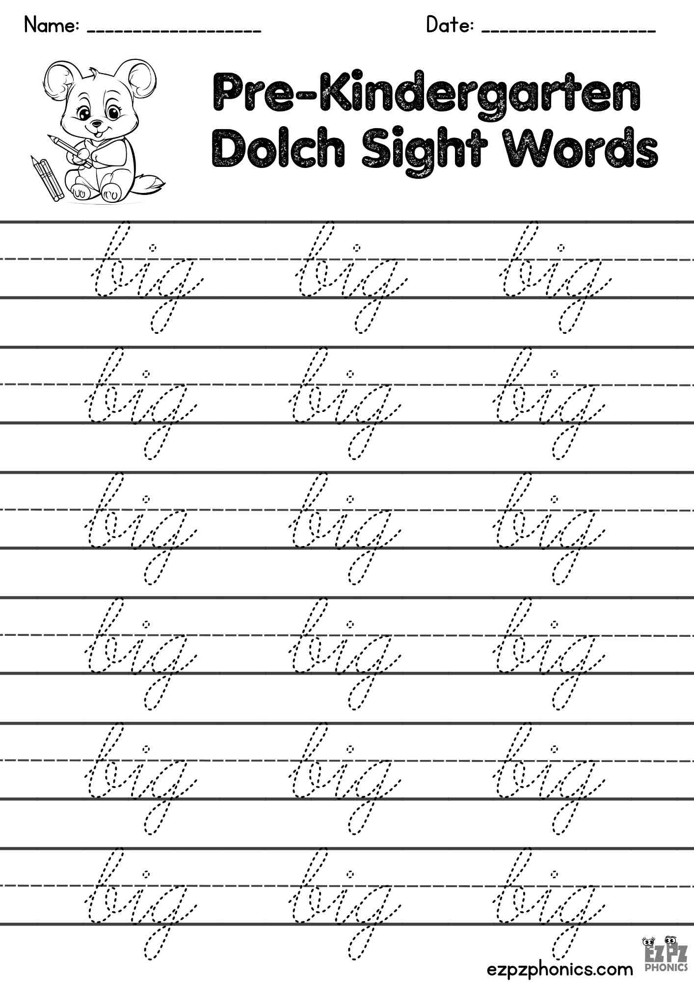 The Word Big Cursive Writing Practice – Pre-K Dolch Sight Words | Free PDF Download